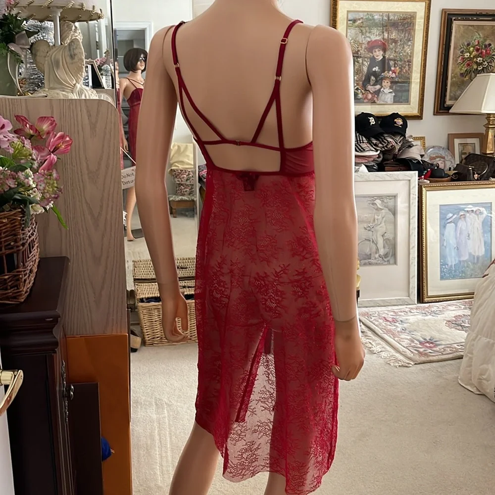 Vintage Victoria’s Secret Lace Bustier Open Chemise in Scarlet Red